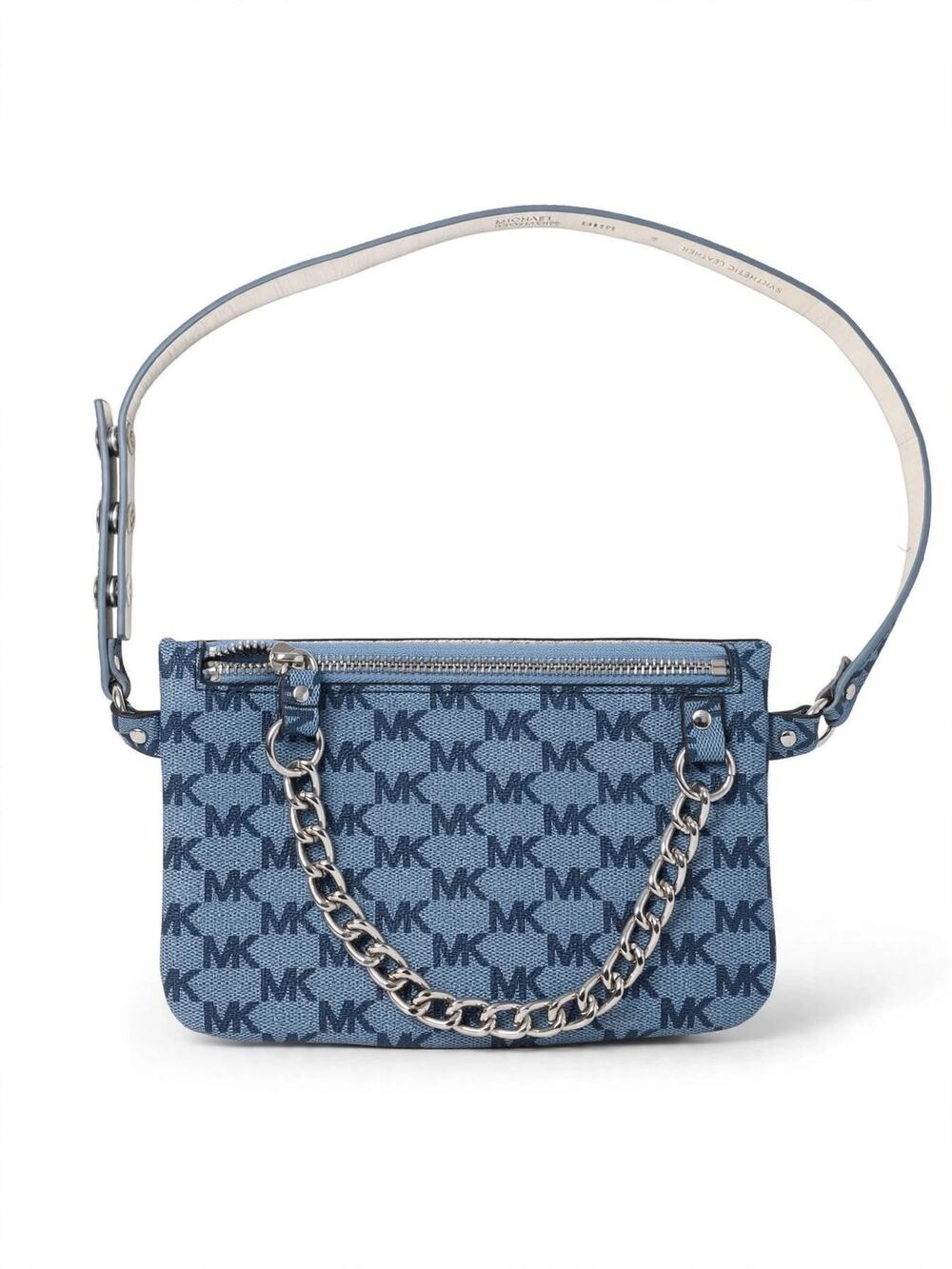 Michael Kors Blue Denim MK Monogram Mini Shoulder Bag Silver Chain Leather Strap
